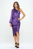 The Whitney Satin One Shoulder Bodycon w/ Asymmetric Hem Dress - Dark Purple
