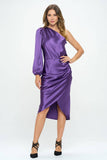 The Whitney Satin One Shoulder Bodycon w/ Asymmetric Hem Dress - Dark Purple
