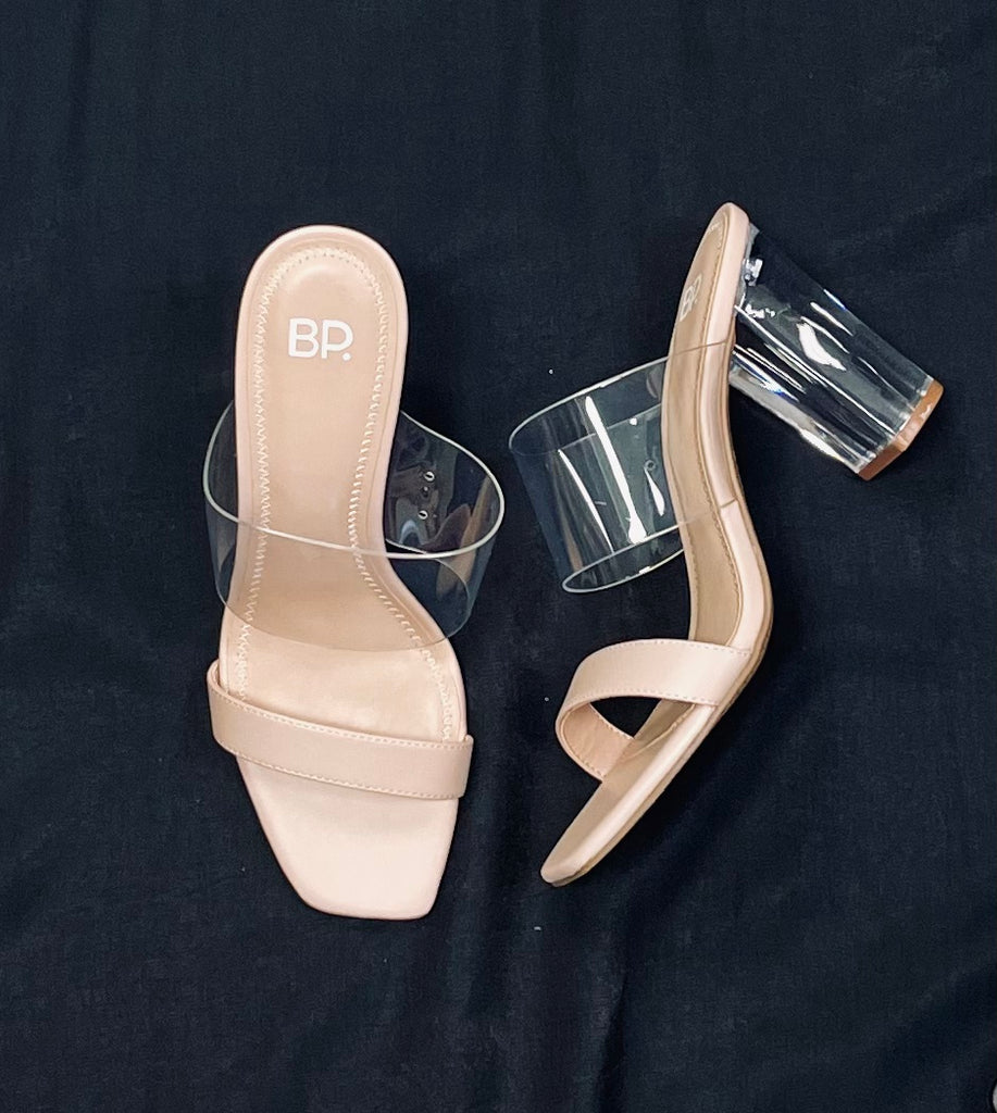 BP Naomi Acrylic Clear Heel Strap Sandal Black or Blush