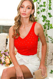 FINAL SALE:  V-Neck Sleeveless Rhinestone Detail Rib Tank Top