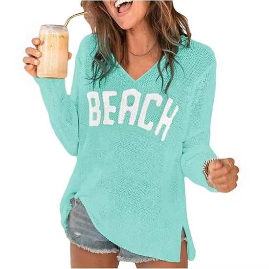 "Beach" V-Neck Hollow Knit Sweater