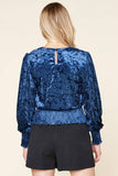 Burning Love Crushed Velvet Smocked Waist Top - Navy