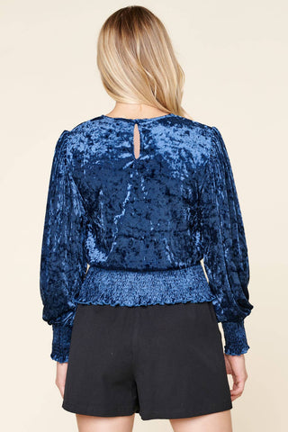 Burning Love Crushed Velvet Smocked Waist Top - Navy