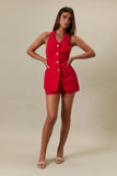 Vest-Style Romper with Micro Shorts- Red