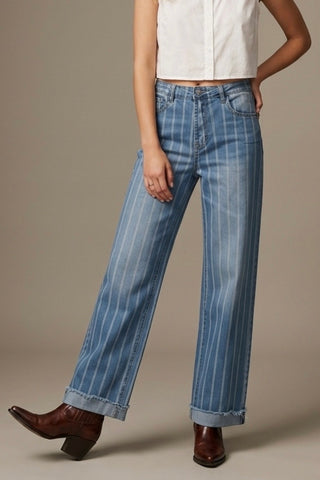 The Q2 Frayed Wide Leg Jeans with Stripe Design- Blue