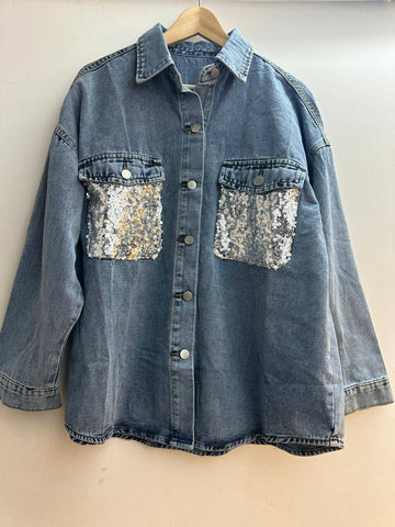 Sequined Pocket Denim Jacket - One Size