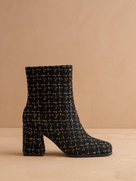 The Demi | Black Tweed Woven Block Heel Ankle Boot