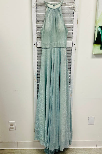 Aqua Pleated Halter Evening Gown - Aqua