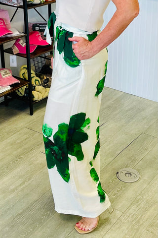 Tropical Floral Burst Palazzo Pants with Belt - Green