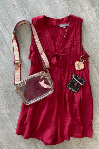 Emmy Pleated Tie Front Gameday Overall Romper