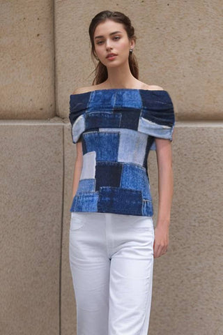 Jenny Off Shoulder Top with Denim Patch Print- Blue
