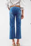 Q2 Mid Wash Straight Jeans With Raw Hem - Blue