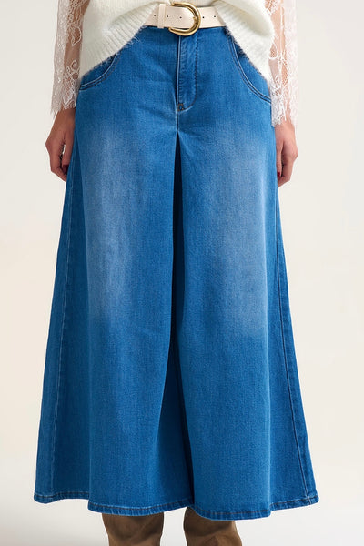 The Q2 Extra Wide Leg Denim Skort with Front Pleat- Blue