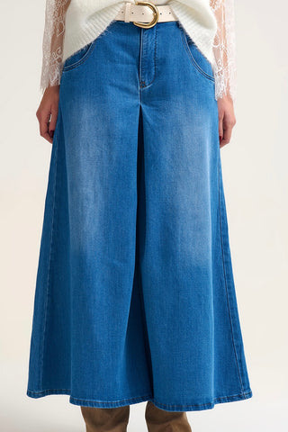 The Q2 Extra Wide Leg Denim Skort with Front Pleat- Blue