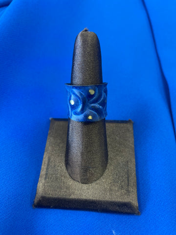 Brass Patina Ring - Cobalt Blue Waves and Brass Dots