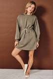 Burgundy Crew Neck Drawstring Waist Mini Dress