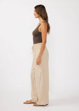 Ruffled Waist Washed Linen Cotton Wide-Leg Pant