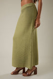 High Waisted Ribbed Sweater Midi Skirt- Matcha