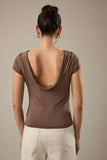 Boat Neck Short Sleeve Back Cowl Neck Knit Top- White