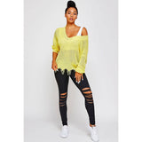 Light Knit Destroyed Hem V-Neck Sweater