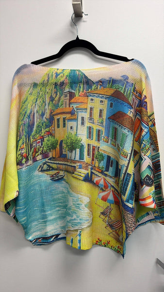 Italian Coastal Village Printed Knit Sweater
