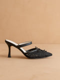 The Katie | Black Lace Pointed Toe Mid Heel Fall Mule