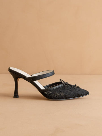The Katie | Black Lace Pointed Toe Mid Heel Fall Mule