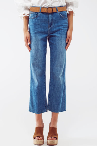 Q2 Mid Wash Straight Jeans With Raw Hem - Blue