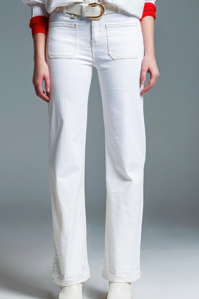 The Q2 High Waisted Jeans with Flared Leg and Pocket Detail
