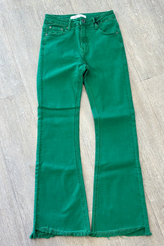 The Q2 Flare Jean With Raw Hem Edge - Bright Green