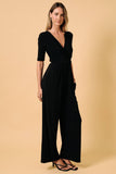 V-Neck Elbow Sleeve Surplice Wrap Jumpsuit
