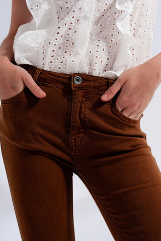 Q2 High Rise Raw Hem Flared Jeans-Brown