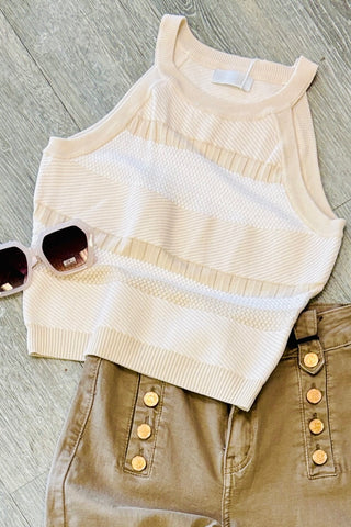 Q2 Beige Striped Knit Halter Top