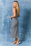 Spaghetti Binding Stripe Midi Dress-Navy