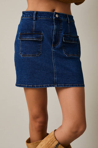 Pocket Detail Stretch Denim Mini Skirt- Denim