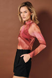 Tie Dye Print Sheer Mesh Mock Neck Top