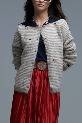 The Q2 Crew Neck Striped  Cardigan with Embroidered Fruit - Beige