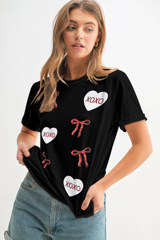 Valentines Bow XOXO Heart Sequin Patch Graphic Tee