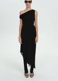 Italian Long Fitted Asymmetrical Neck Mesh Dress