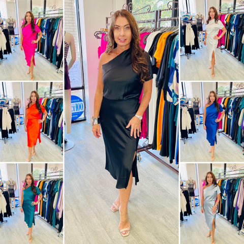 Lucy Stretch Satin One Shoulder Dress