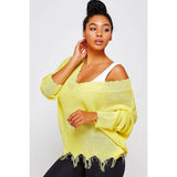 Light Knit Destroyed Hem V-Neck Sweater