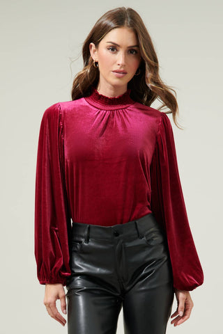 Dilma Velvet Figaro Balloon Sleeve Blouse - Cherry