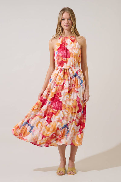 Maly Pleated Midi Dress Sailey Floral- Coral