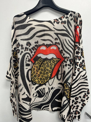 Red Lip Animal Print Italian Printed Sweater
