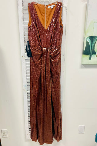Kay Unger Solange Sequined Tie Front Gown - Caramel