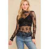 Mesh Lace Design High Neck Long Sleeved Fitted Top