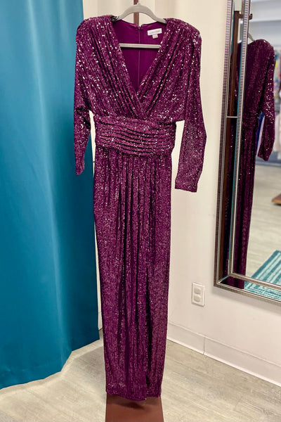 Calvin Klein Sequined Long Sleeved Gown - Aubergine