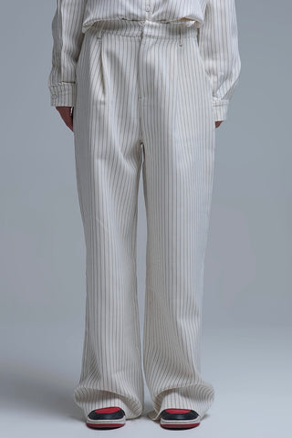 The Q2 Wide Leg Pinstripe Pants- Cream
