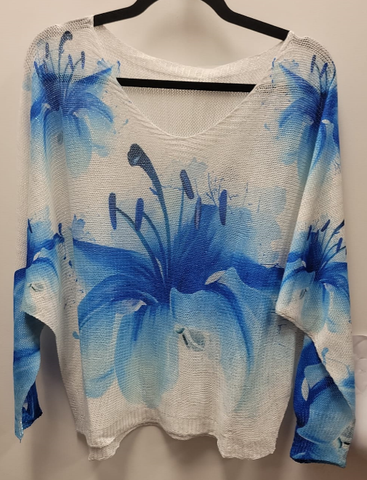 Italian Blue Floral Lurex Printed Sweater