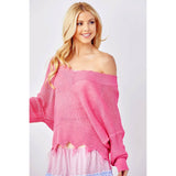 Light Knit Destroyed Hem V-Neck Sweater